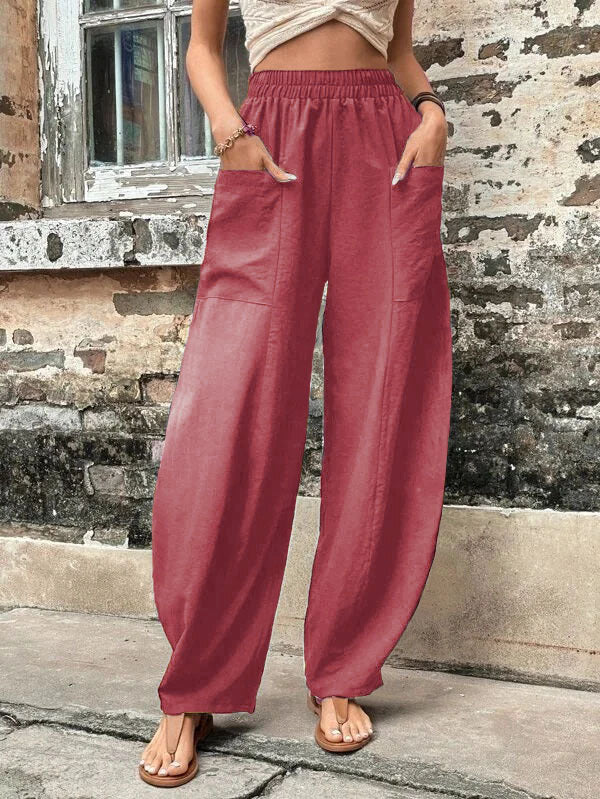 Loose Fit Elastic-Waist Trousers with Pockets