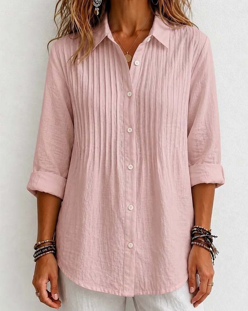Women's Pink V-Neck Shirred Button Long-Sleeve Blouse
