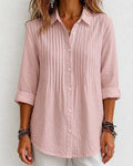 Women's Pink V-Neck Shirred Button Long-Sleeve Blouse