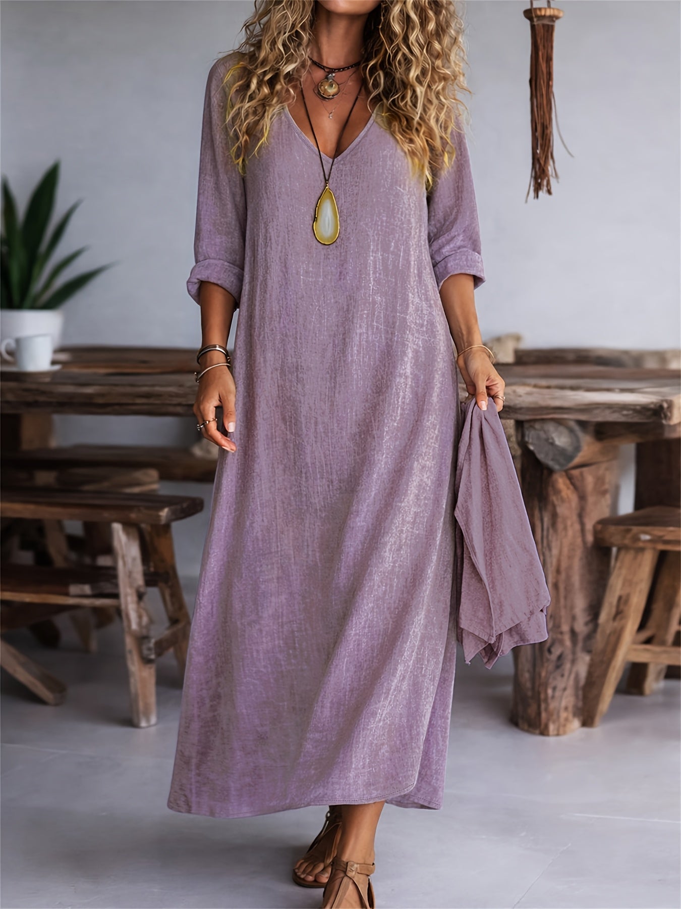 V-neck long sleeve loose linen maxi dress | Alba Muse