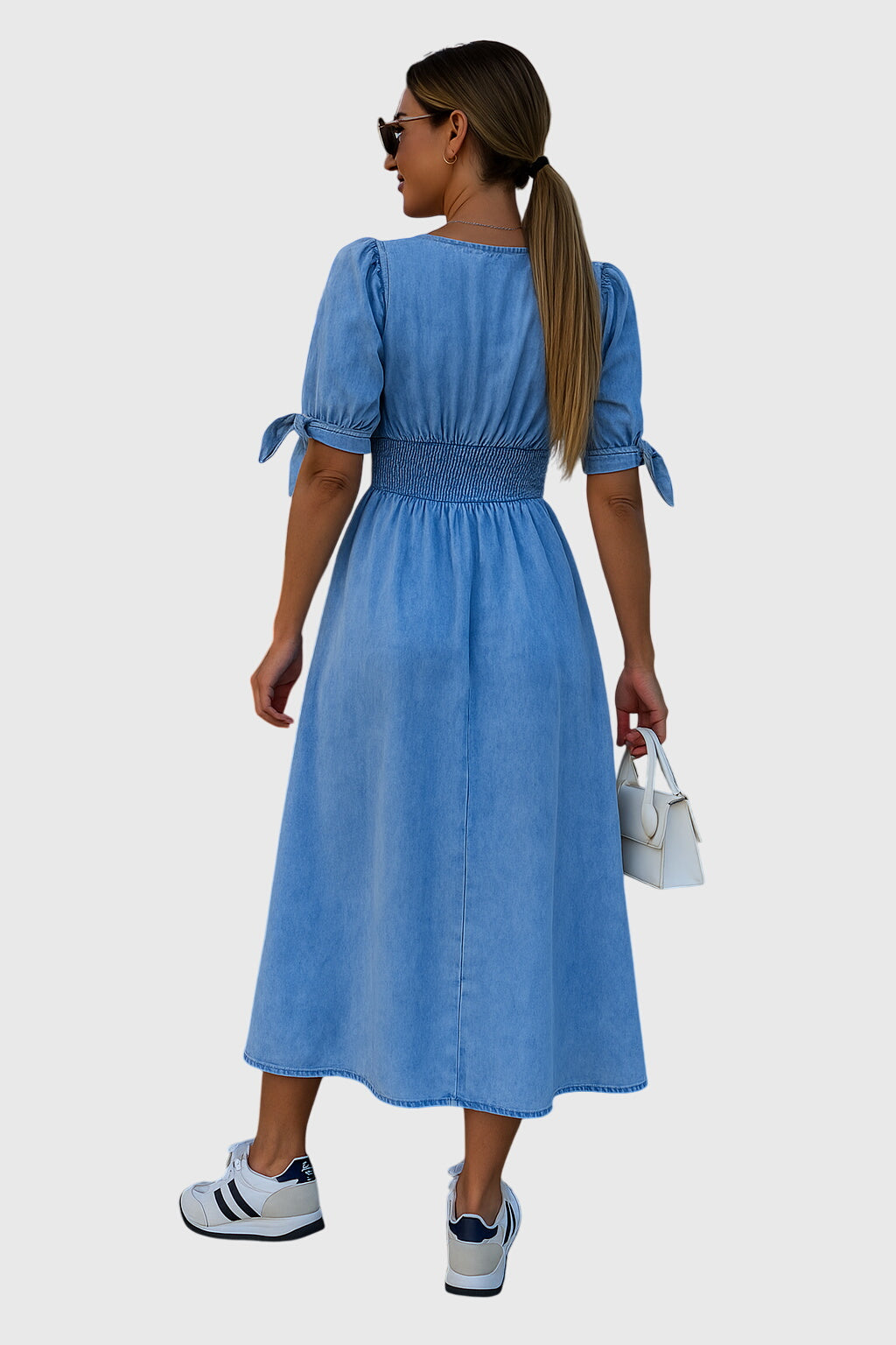 Tailored waist denim dress in pink, front view