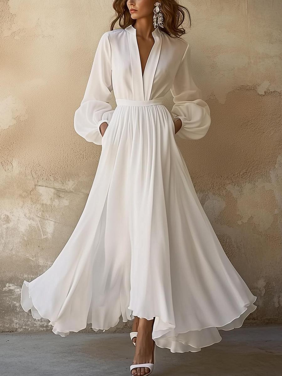 White Casual Vintage V-Neck Maxi Dress