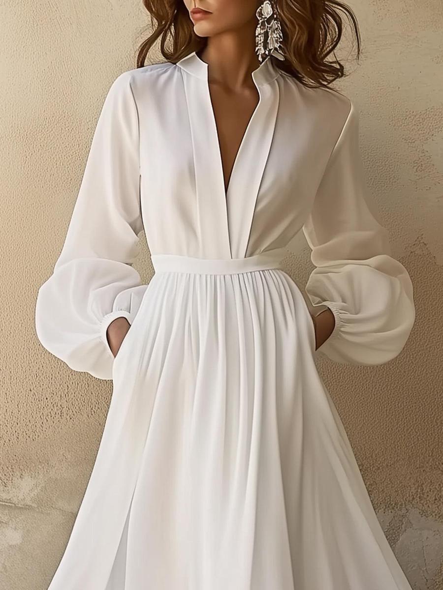 White Casual Vintage V-Neck Maxi Dress — worn on model