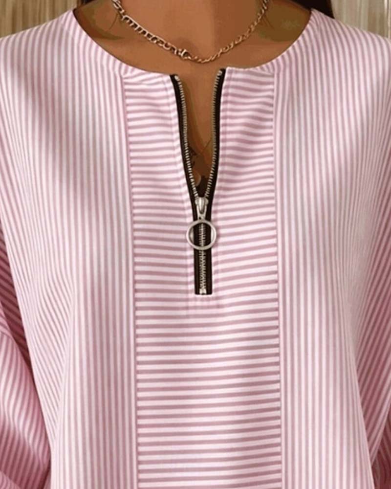 Women's Pink Half-Zip Long-Sleeve Striped Blouse — worn on model