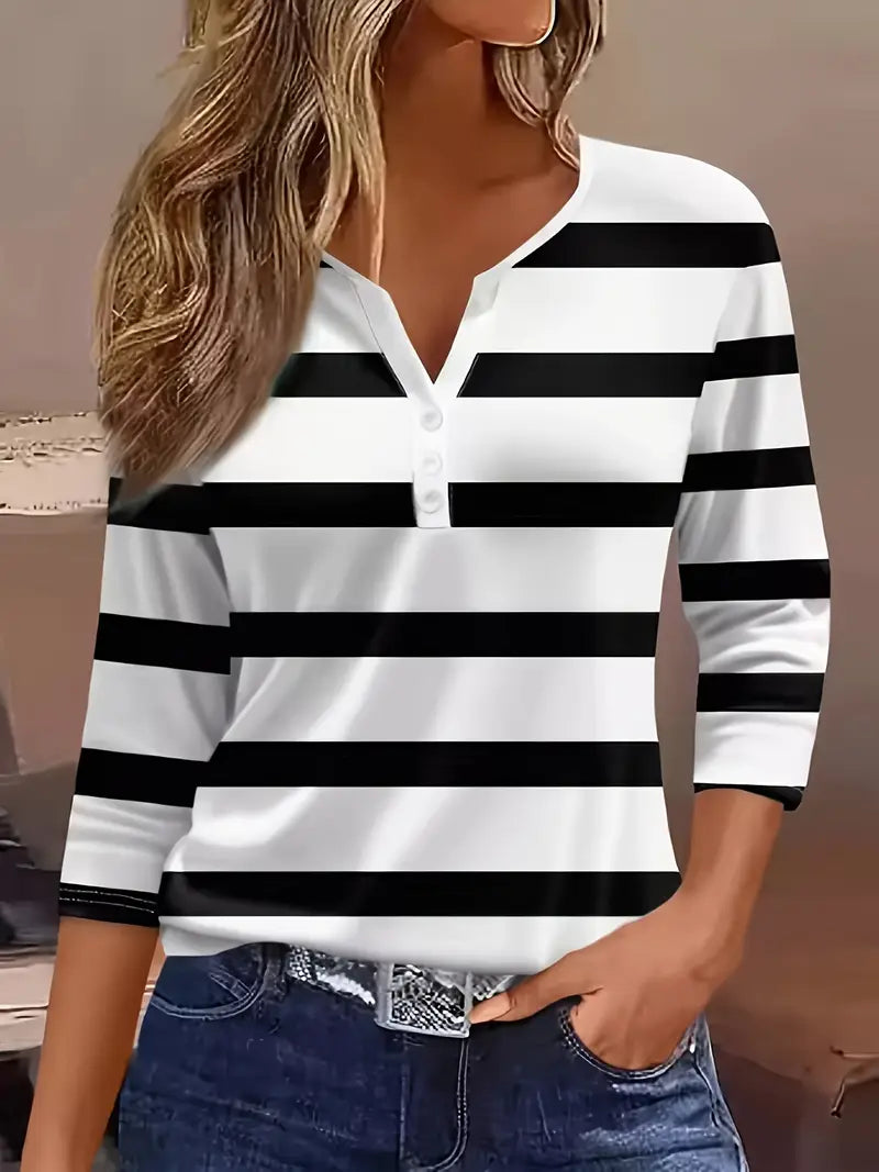 Women's Striped Button Henley Top