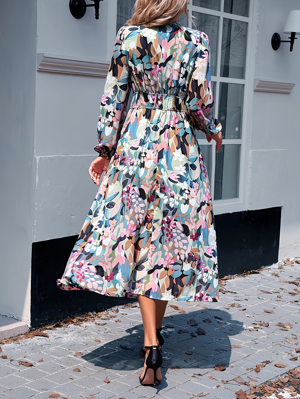 Women's floral print long sleeve midi dress, third colourway side view
