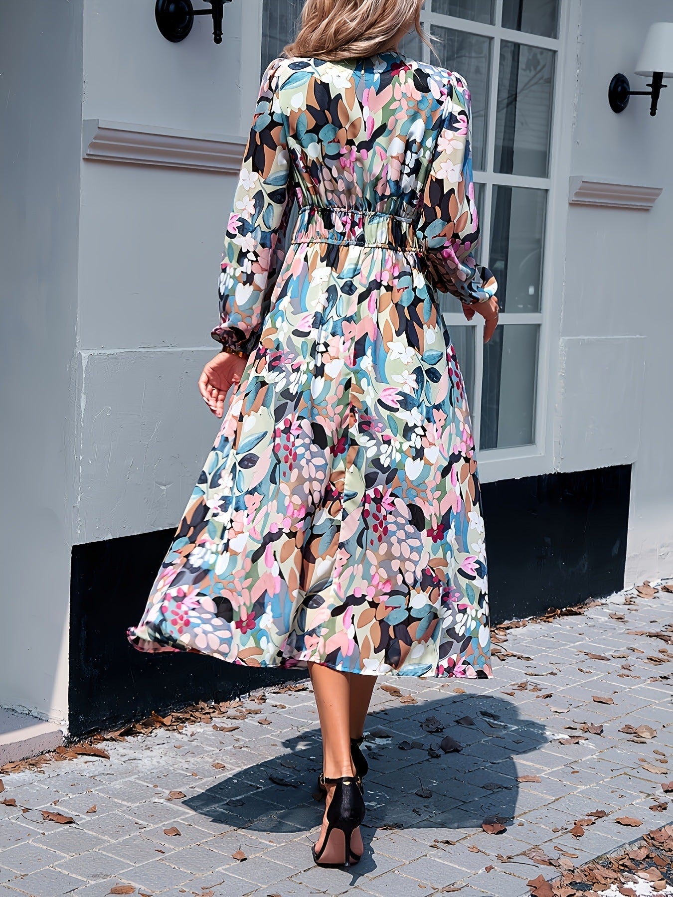 Women's floral print long sleeve midi dress, third colourway side view