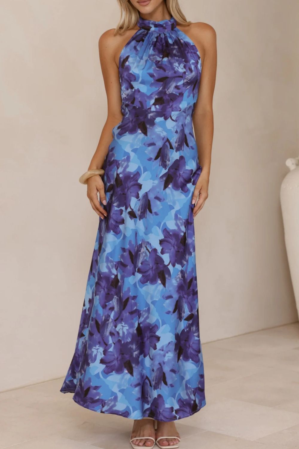 Floral Print Halter Neck Maxi Dress with Slit – Wedding Guest