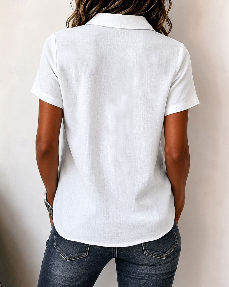 White lapel three-button short sleeve blouse, back view