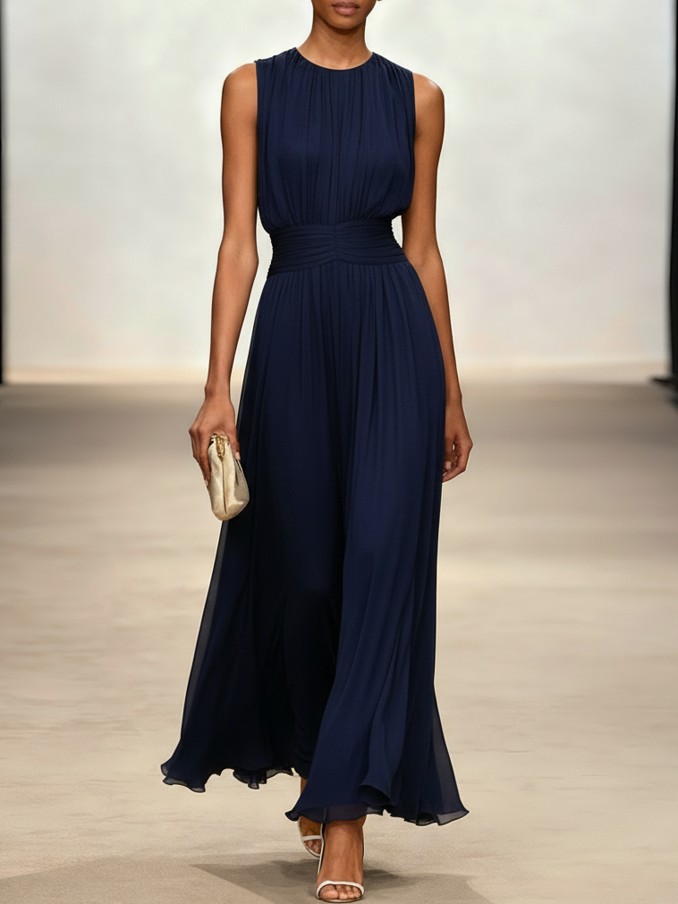 Sleeveless Ruched A-Line Maxi Dress – Wedding Guest