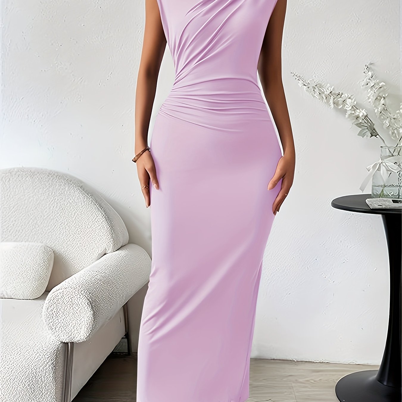 Sleeveless Ruched Bust Pencil Midi Dress
