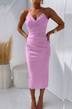 Women's strapless open back elegant party dress, back view showing open back detail