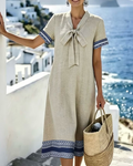 V-neck bow tie colour block short sleeve midi dress, front view