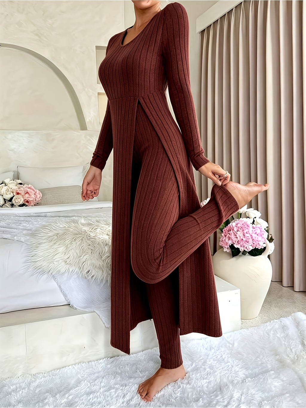 Grey ribbed long sleeve Loungewear Set