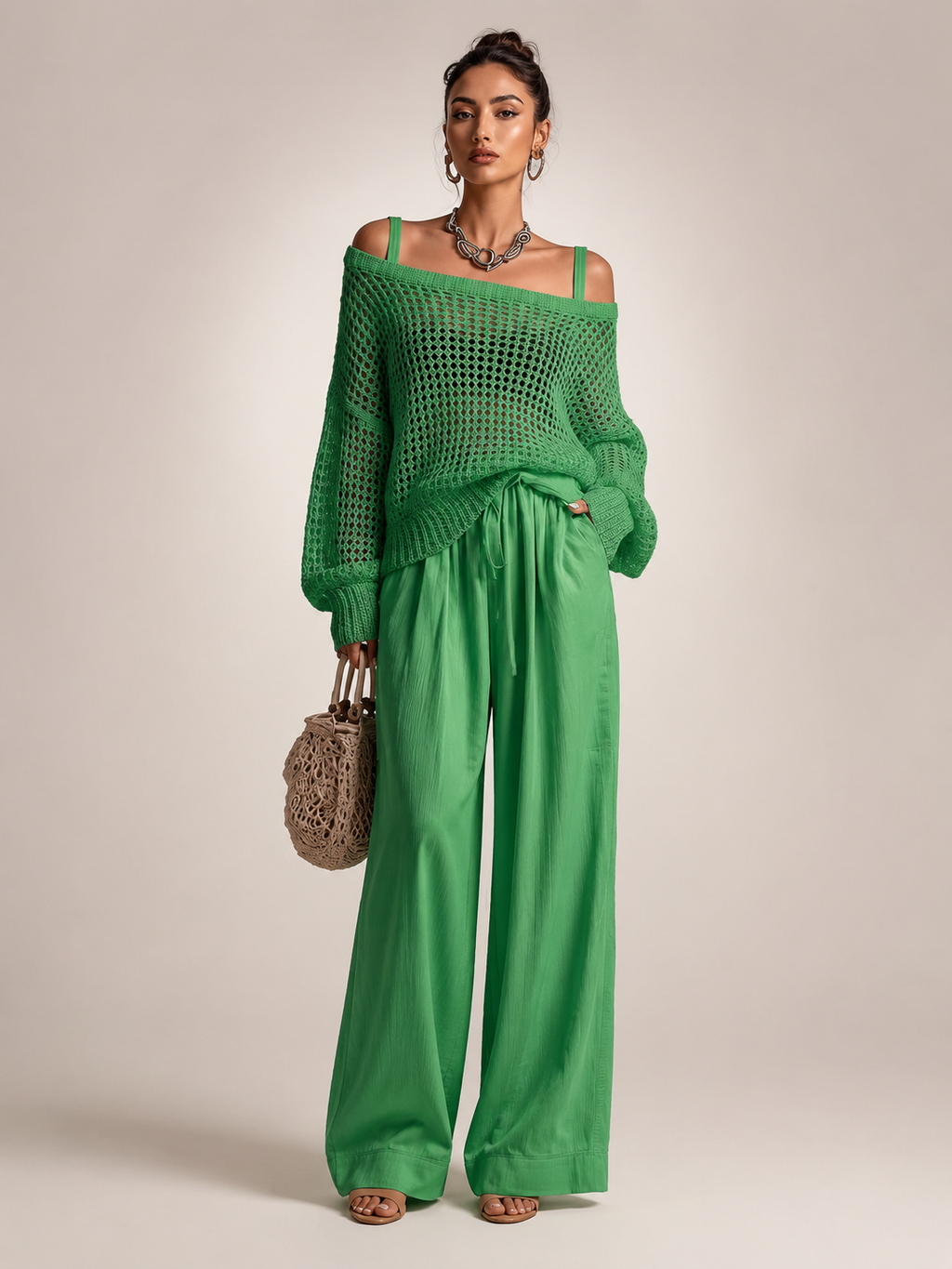 Off-Shoulder Knit Co-Ord Set with Wide-Leg Trousers