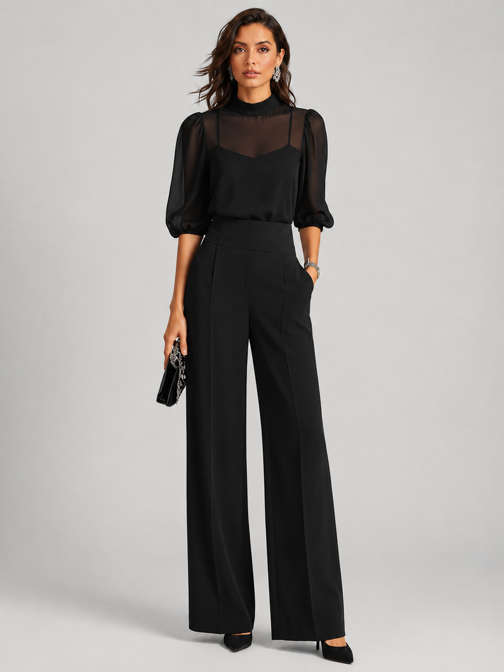 Black Amara three-piece chiffon set, front view