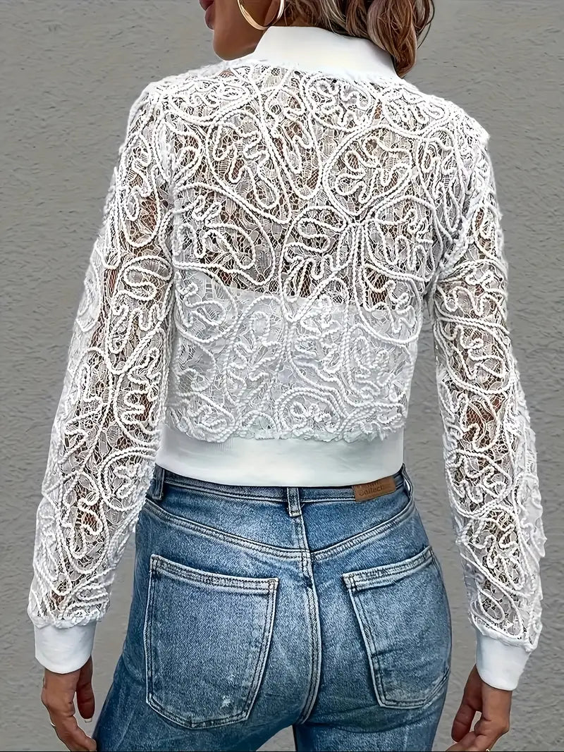 Cropped lace bomber jacket with semi-sheer mesh overlay, side view