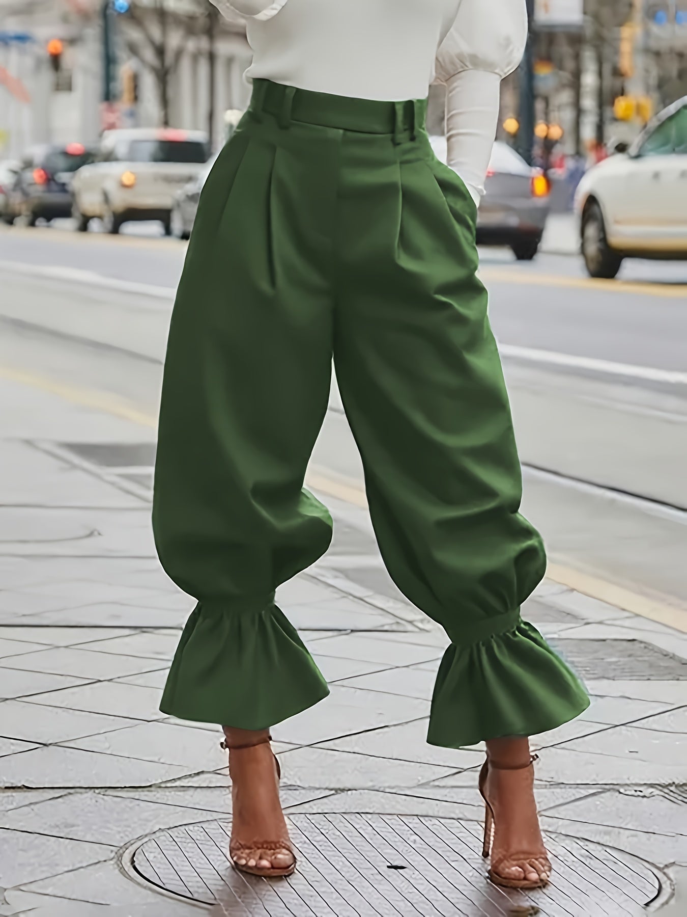 Fern Green high-waisted wide-leg ruffled-hem Trousers