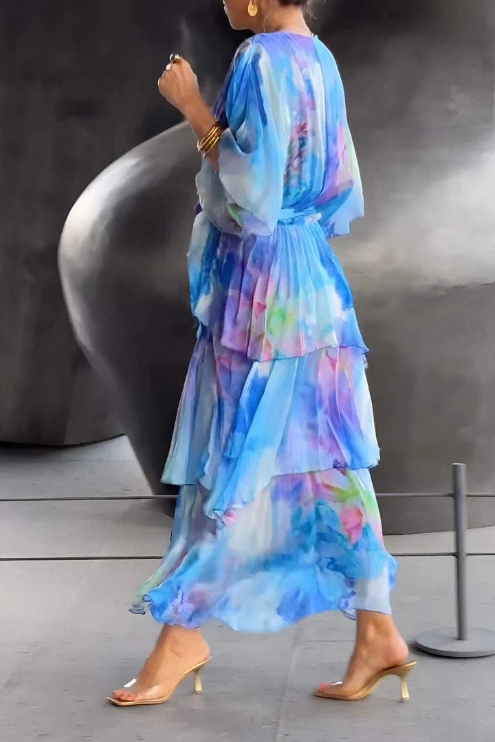 Boho print maxi dress back view full length