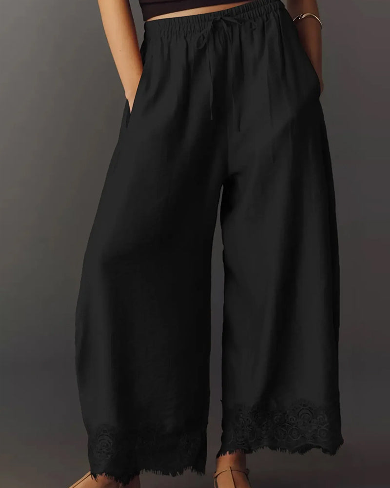 Elastic Waist Lace-Panel Casual Trousers