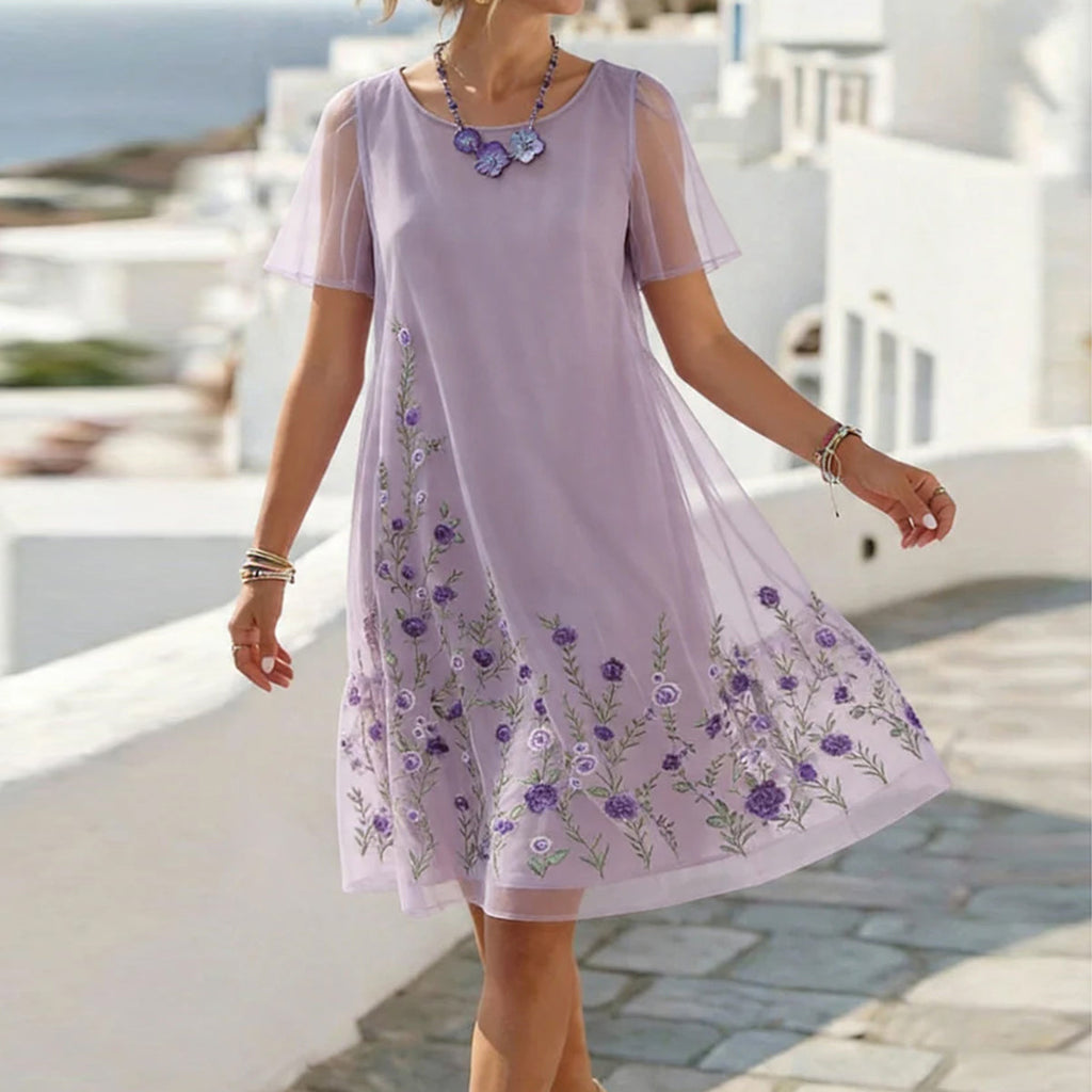Women's lavender floral embroidered mesh overlay midi dress, front view