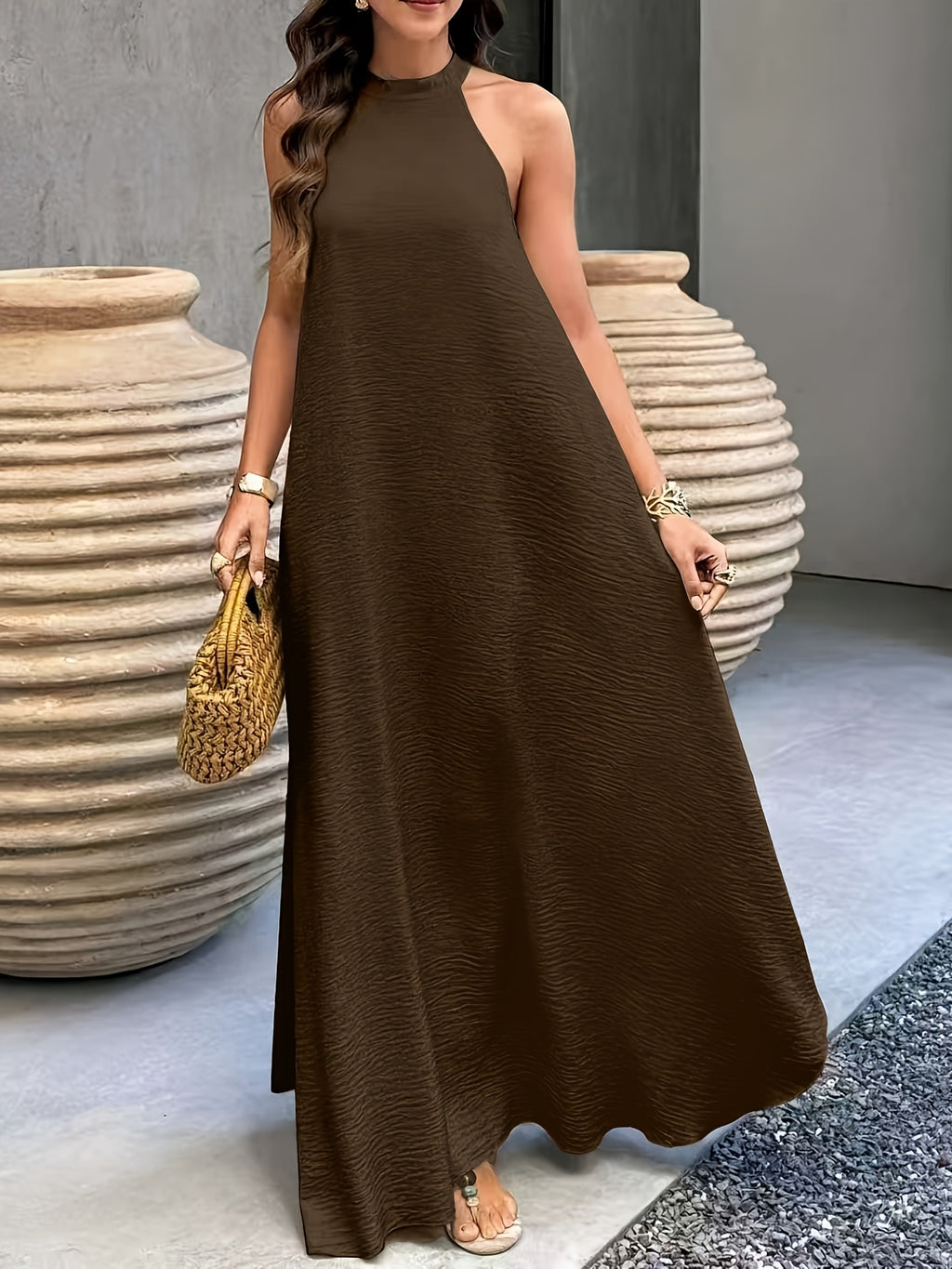 Ribbed Neckline Boho Beach Maxi Dress in Sky Blue, side view