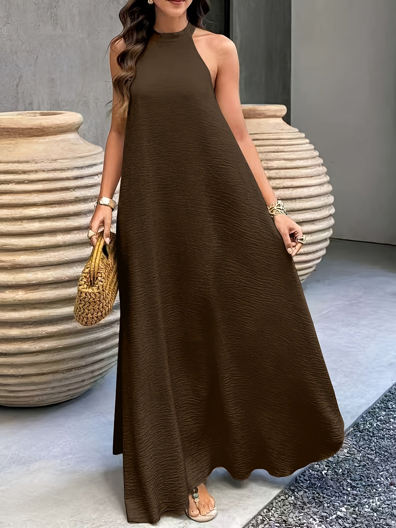 Ribbed Neckline Boho Beach Maxi Dress in Sky Blue, side view