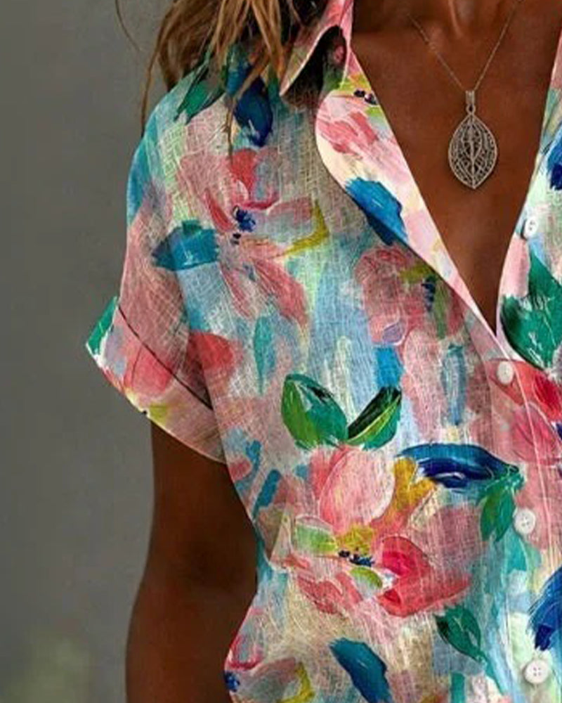 Women's Pink Turn-Down Collar Printed Short-Sleeve Shirt — worn on model