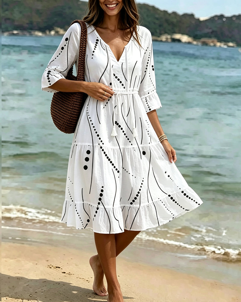 White Polka Dot Flutter Sleeve Tie-Waist Midi Dress