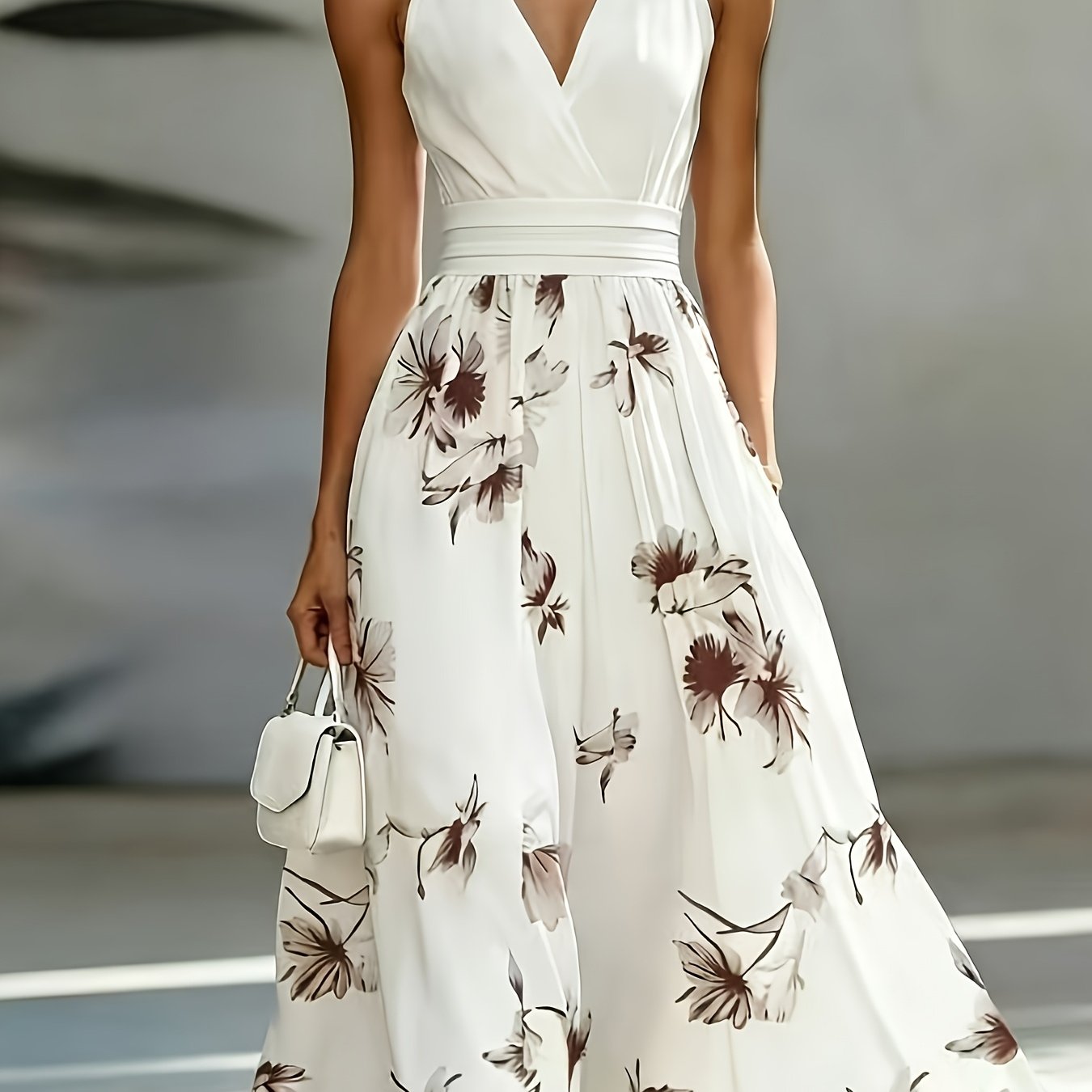 Shirred Geometric Print V-Neck Midi Dress