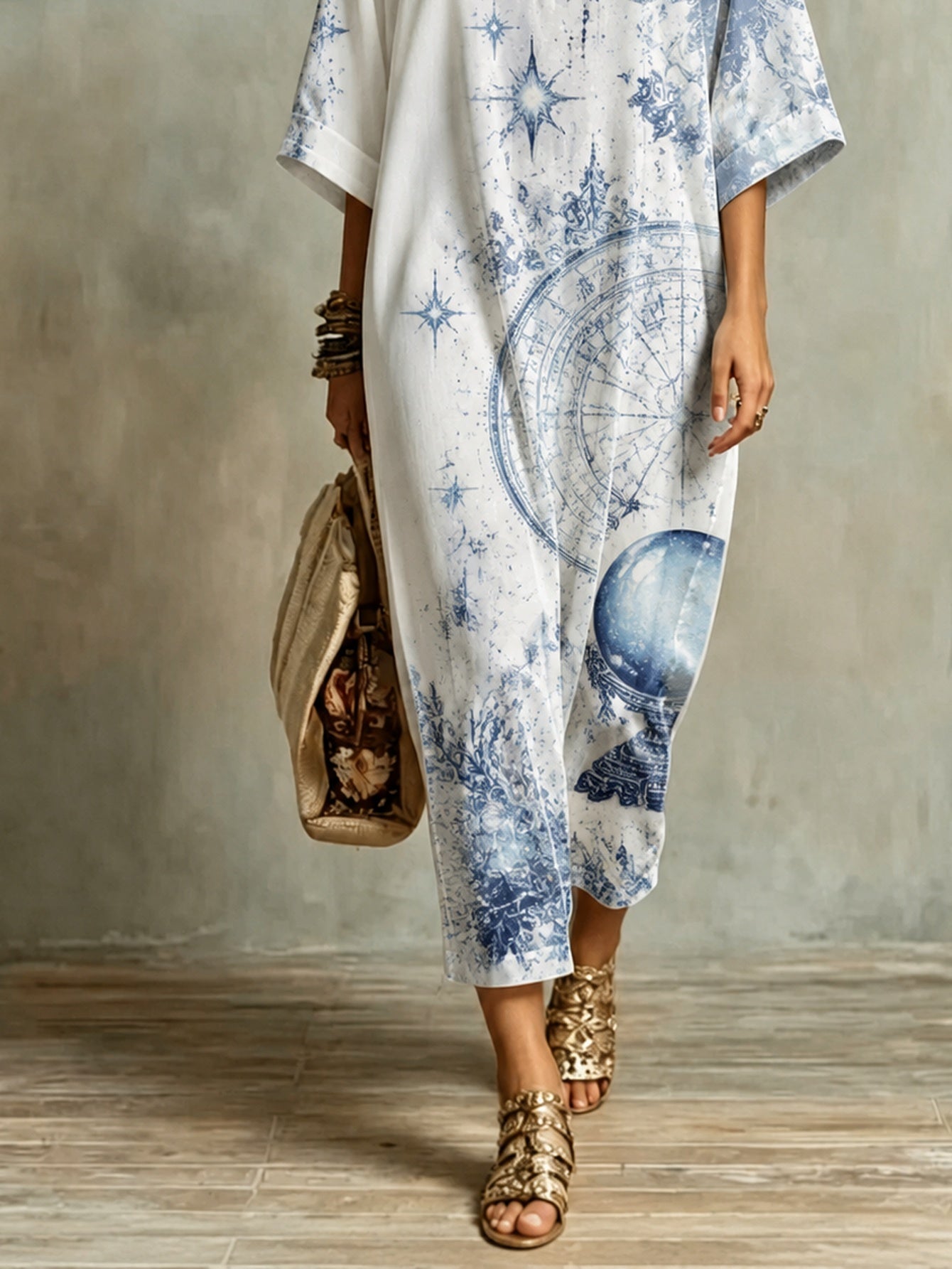 Vintage V-neck mid-sleeve star print maxi dress | Alba Muse