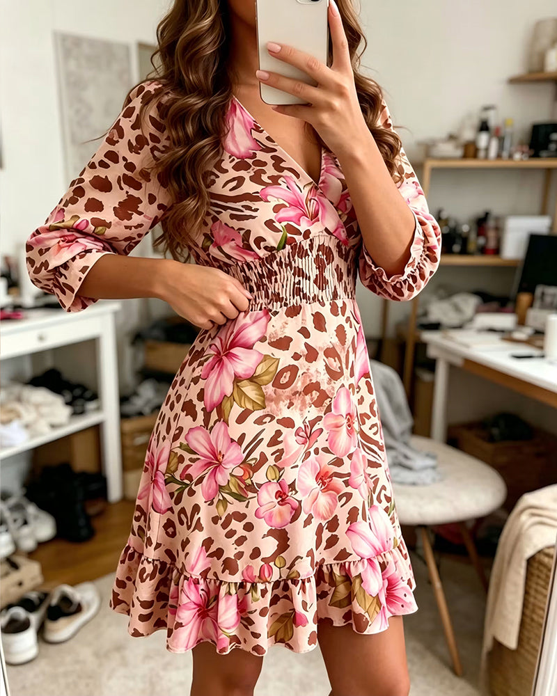 Waist cinching floral bubble sleeve dress, full view