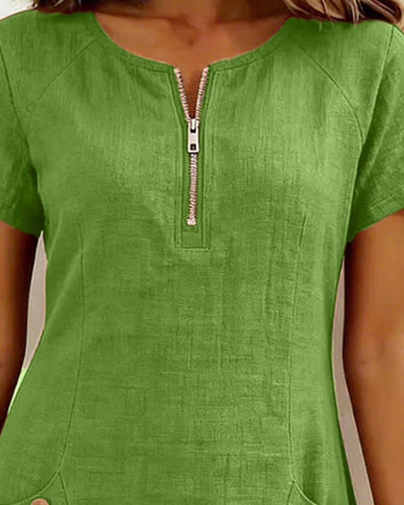 Round Neck Short Sleeve Pocket Zip Cotton Linen Dress