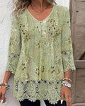 Floral lace patchwork V neck three quarter sleeve button blouse in green, front view