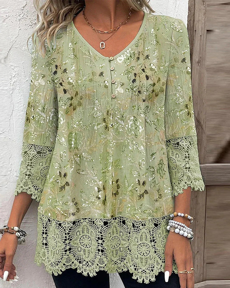 Floral lace patchwork V neck three quarter sleeve button blouse in green, front view