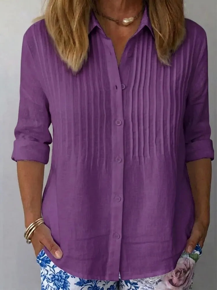 Casual pleated cotton-linen shirt in blue, relaxed feminine style | Alba Muse