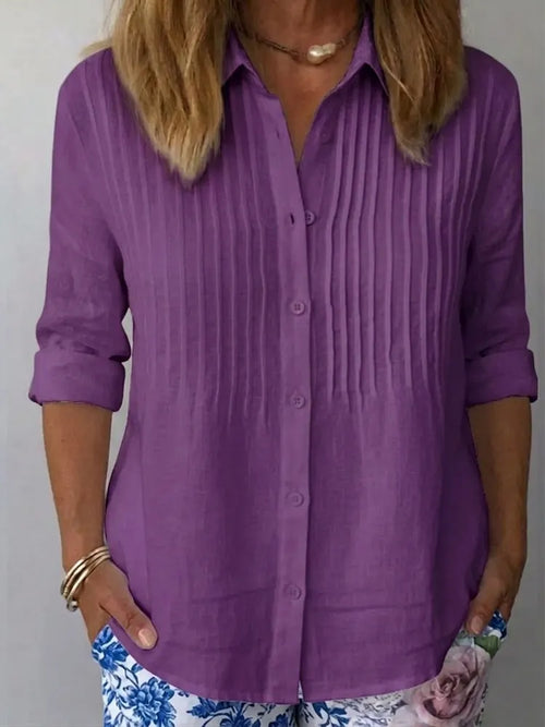 Casual pleated cotton-linen shirt in blue, relaxed feminine style | Alba Muse