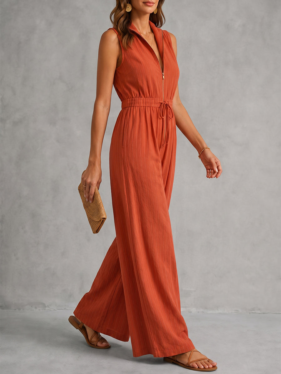 Sleeveless Stand Collar Jumpsuit with Drawstring Waist and Wide Leg