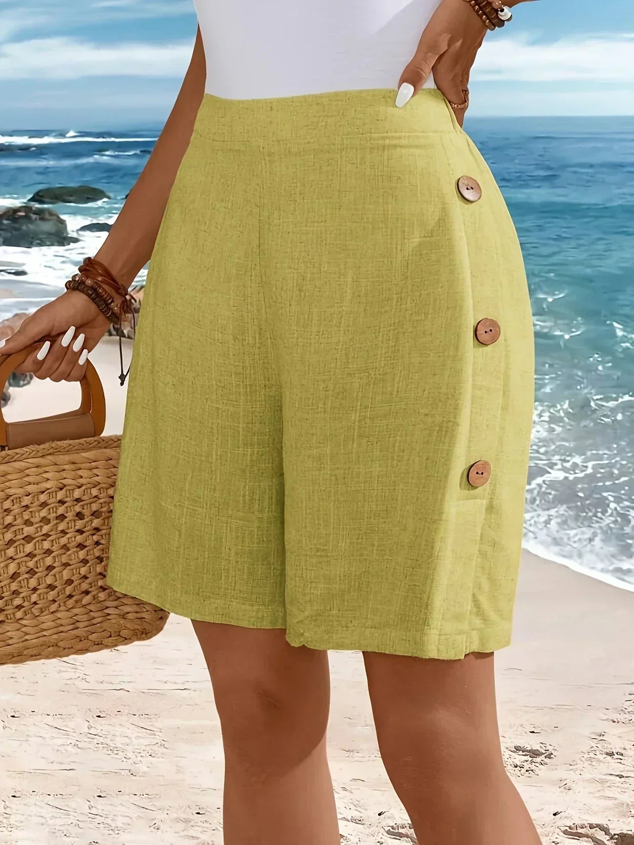 Women's button side relaxed fit shorts, front view