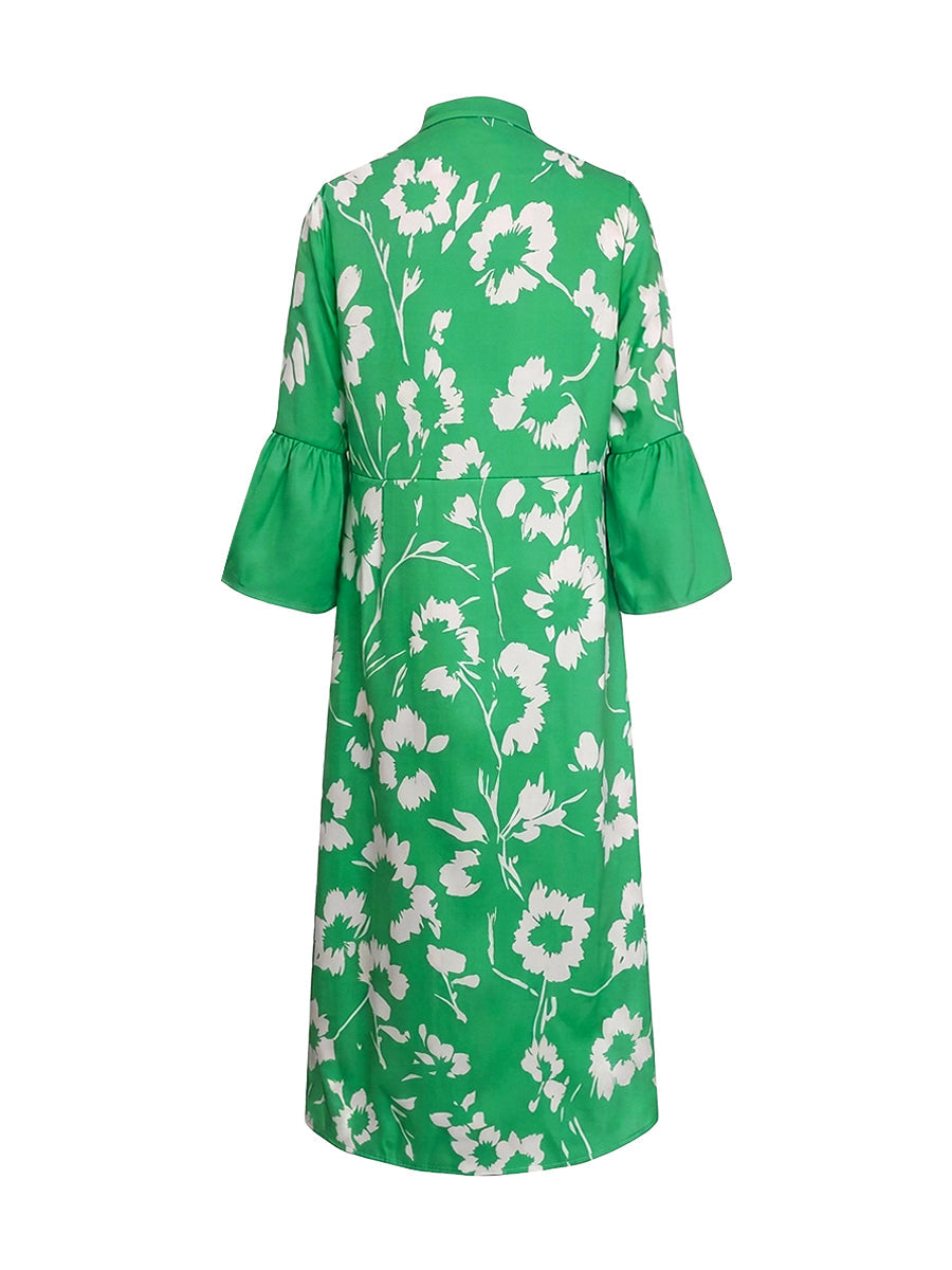 Green floral print maxi dress, back view showing collar and sleeve detail