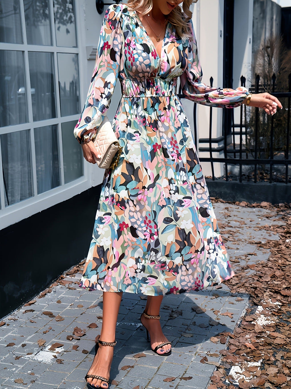 Women's floral print long sleeve midi dress, fourth colourway front view