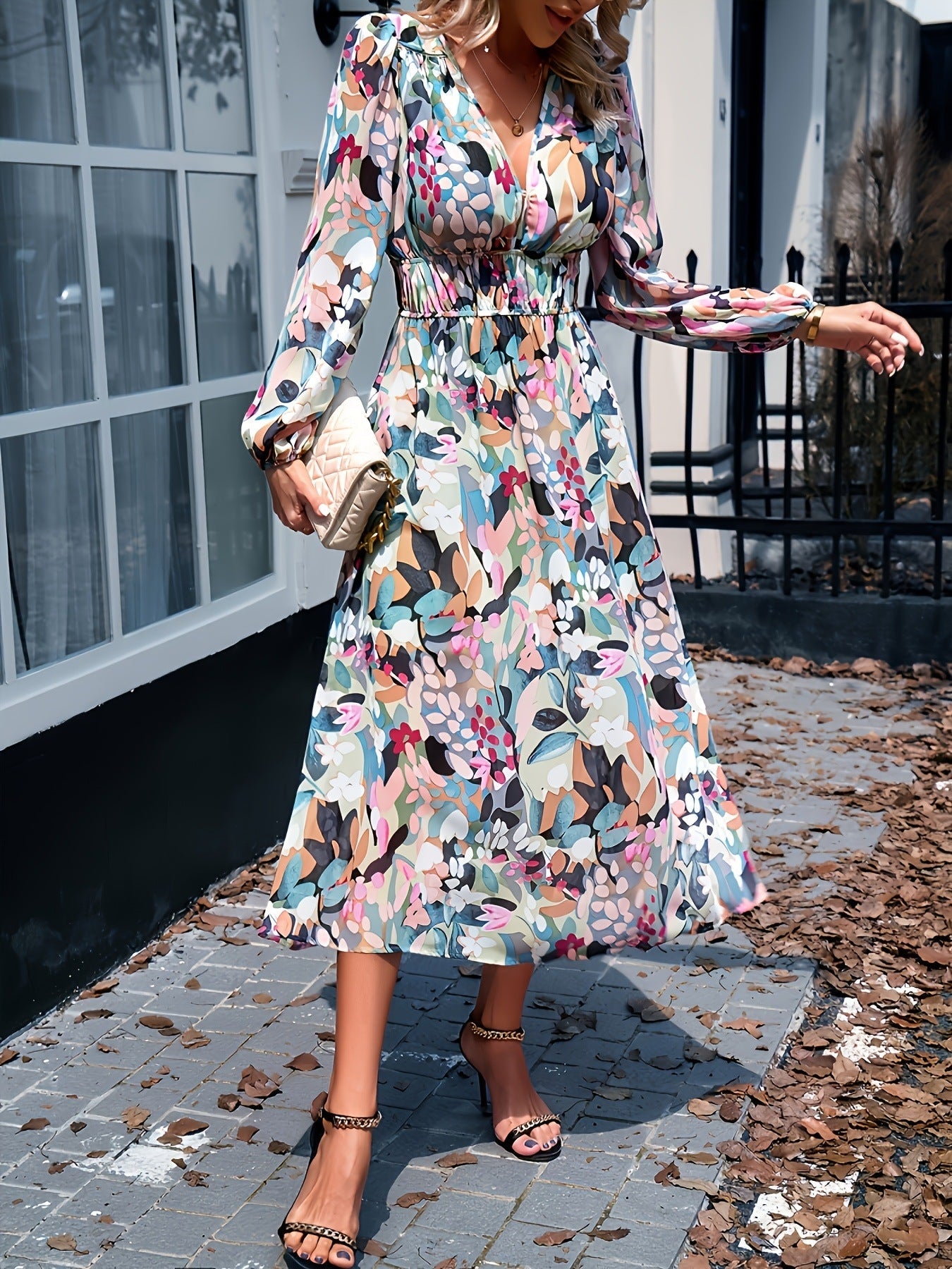 Women's floral print long sleeve midi dress, fourth colourway front view