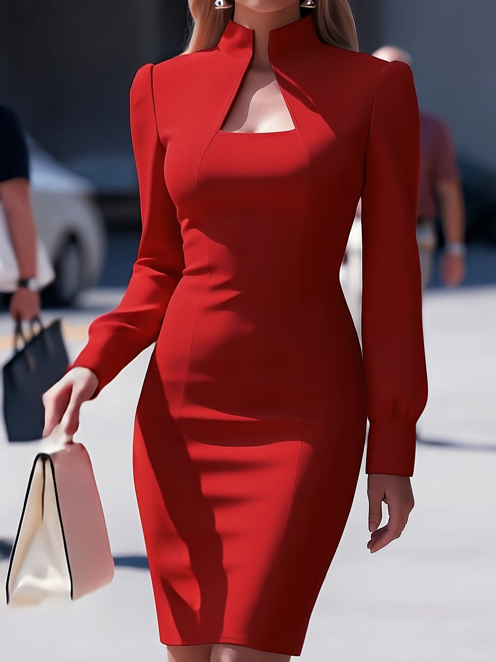 High neck long sleeve fitted mini dress with fitted knit