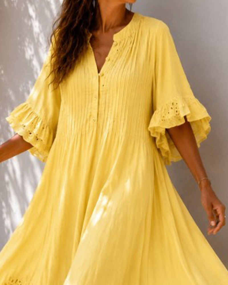 Yellow V-Neck Ruffle Shirred Midi Dress