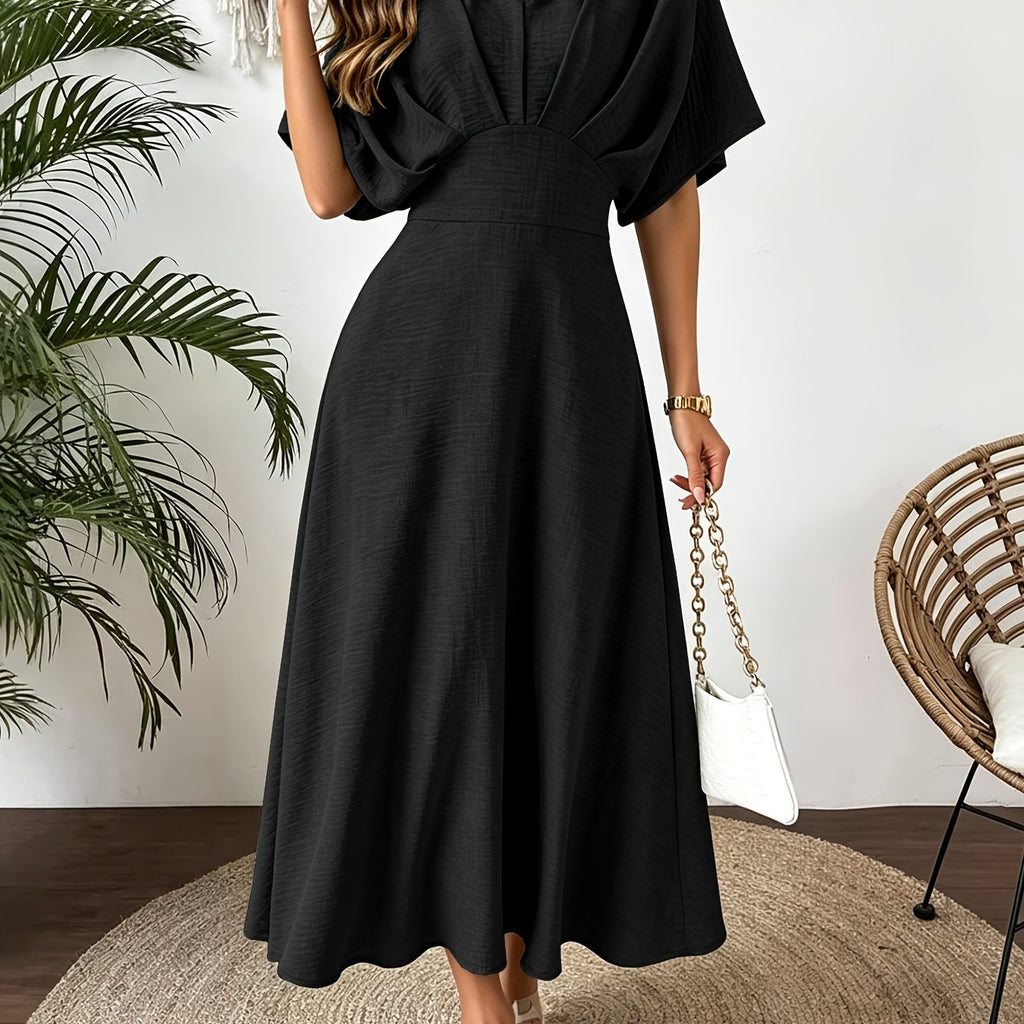 Batwing Sleeve Ruffle V-Neck Midi Dress