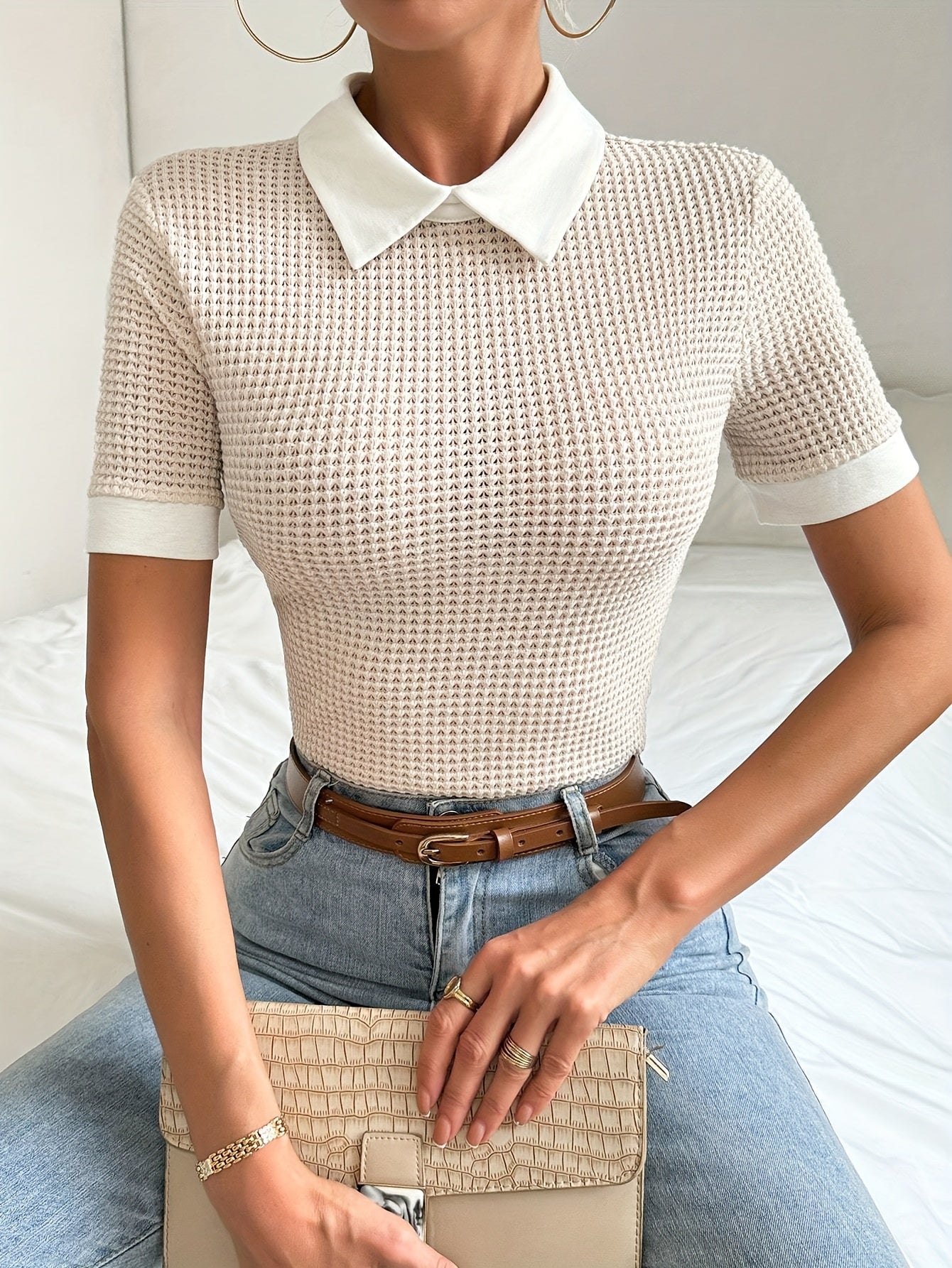 Apricot contrast-collar slim-fit Blouse