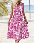 Fuchsia V-Neck Button Sleeveless Midi Dress