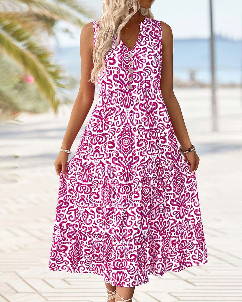 Fuchsia V-Neck Button Sleeveless Midi Dress