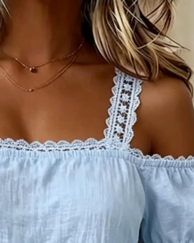 Cold shoulder lace patchwork blouse, back view