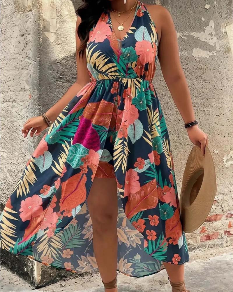 Printed Halter Neck Sleeveless A Line Mini Dress and Shorts Set